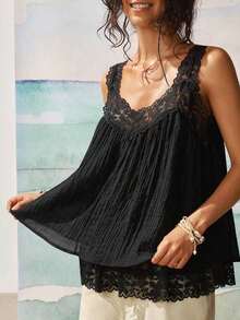 Blusa de uso diario versátil y casual con parches de encaje para mujer - Negro - Ver 6