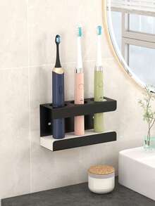 1 pieza Soporte para cepillo de dientes, Organizador de cepillo de dientes eléctrico, Caja de almacenamiento de 3 ranuras para el baño, Soporte multifuncional para cepillo y pasta de dientes - Accesorio de ducha esencial - Negro - Ver 2