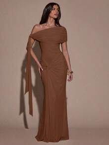 Vestido elegante de mujer con diseño de torsión asimétrica de unicolor y dobladillo de cola de pez ajustado - Marrón - Ver 4