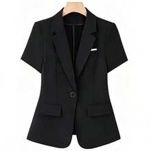 Women's Thin Short Sleeve Professional Blazer, Single-Breasted Slim Fit Office/Interview Formal Top Black - Black - View 6