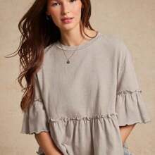 Camiseta con cuello redondo de punto slub, mangas con volantes y peplum, ideal para volver al colegio, otoño y conciertos country - Albaricoque - Ver 1