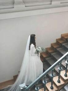 1 pièce Long voile de mariée avec grande traîne, voile de mariage romantique accessoire de mariée avec peigne à cheveux en métal, convient pour la photographie, la fête - Blanc - Voir 3