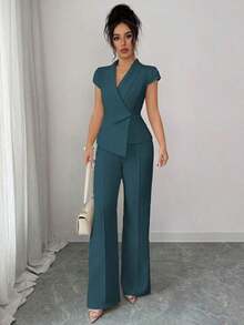 Conjunto casual y elegante de 2 piezas para mujer, con cuello cruzado asimétrico, mangas abullonadas, cintura ceñida, blusa con bajo en línea A y pantalones de cintura elástica, adecuado para ir a trabajar, vacaciones, tomar el té por la tarde, fiestas, primavera/otoño/invierno - Agua verde azul - Ver 3