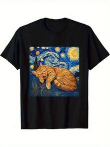Men's Short-Sleeved, Crew-Neck T-Shirt With An Orange Cat And Spiral Star Design, Ideal For Casual Wear In All Seasons - 黑色 - 查看 6