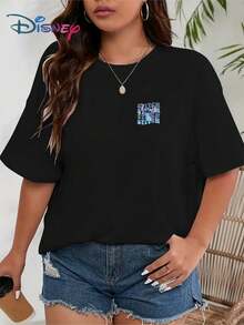Disney Lilo & Stitch Series, Women's Casual T-Shirt, Featuring A Cute And Adorable "STITCH" With His Tongue Out, Printed On Both The Front And Back, Versatile And Stylish, Recommended For Sports And Commuting, A Classic Women's Short-Sleeve Shirt. - Black - View 2