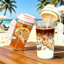 1 pieza/5pcs Taza de café de plástico de 500ml con lindo patrón de Golden Retriever de cumpleaños, con tapa abatible y correa. Sello a prueba de fugas, adecuado para café helado, té y bebidas frías. Un regalo dulce y divertido para amantes de los perros, dueños de mascotas y uso diario en el hogar, trabajo o al aire libre. - Cumpleaños de Golden Retriever multicolor - Ver 3