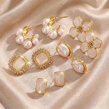 10pcs Unique Faux Pearl Earrings Set, Luxury Minimalist Earrings For Women - Gold - View 6