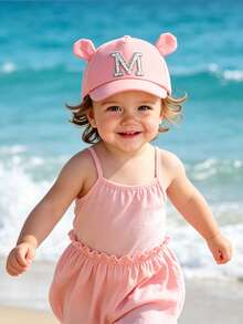 1 pieza Gorra de béisbol con orejas de oso lindo para niñas pequeñas con decoración de 26 letras, perlas y strass, protección solar, para 1-3 años, uso al aire libre y diario - Rosa - Ver 4