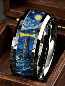 Personalized Artistic Style Ring, Black Tungsten Steel Band, Van Gogh Painting Replica, Men's Accessory - Silver - View 5