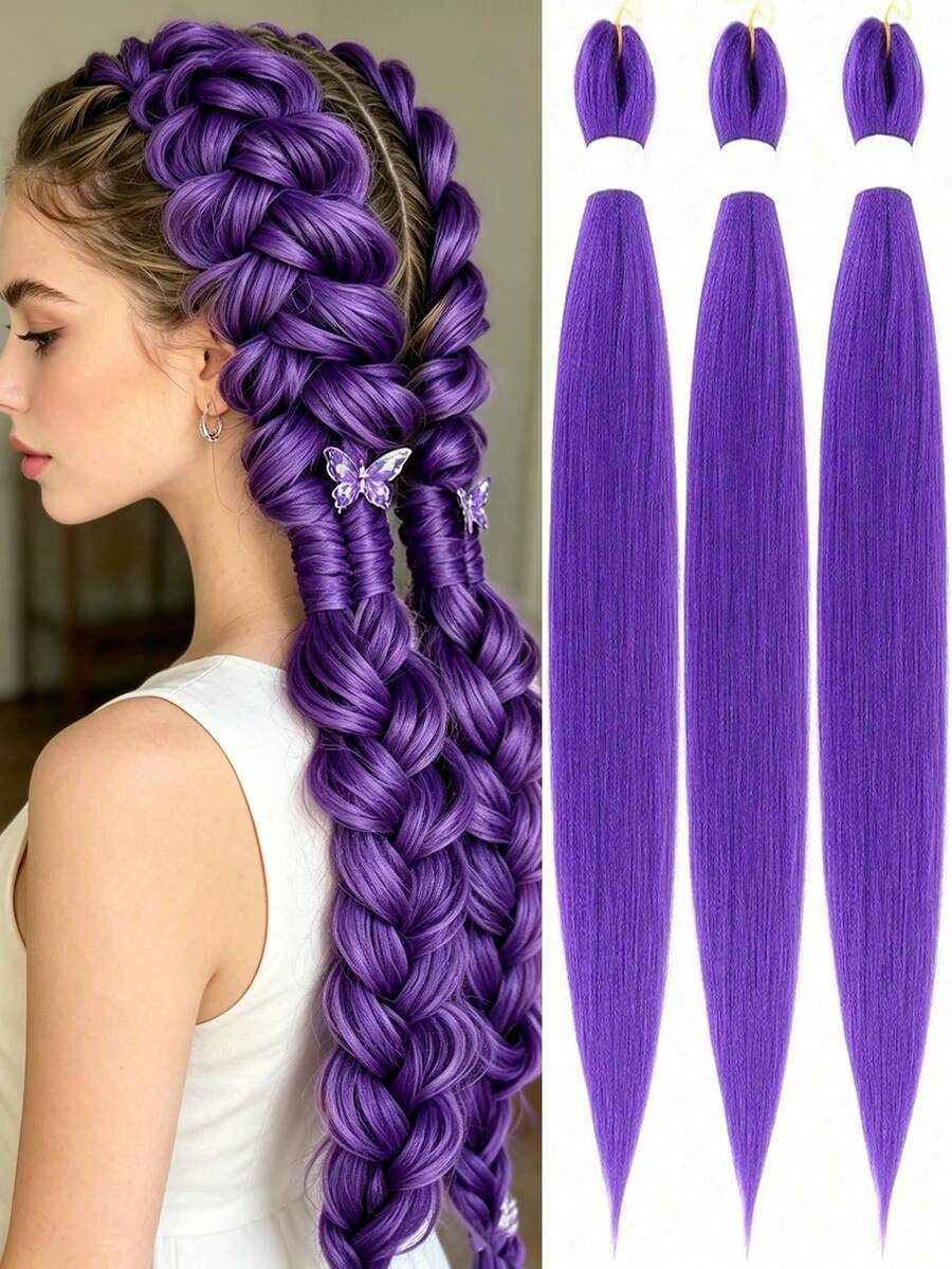Beyond Beauty 24-Inch Purple Braided Hair Extensions, Pre-Stretched Synthetic Braiding Hair For Braiding, 1/3 Pack Purple Hair Bundles Suitable For Stage, Party, Halloween Costume, Cosplay