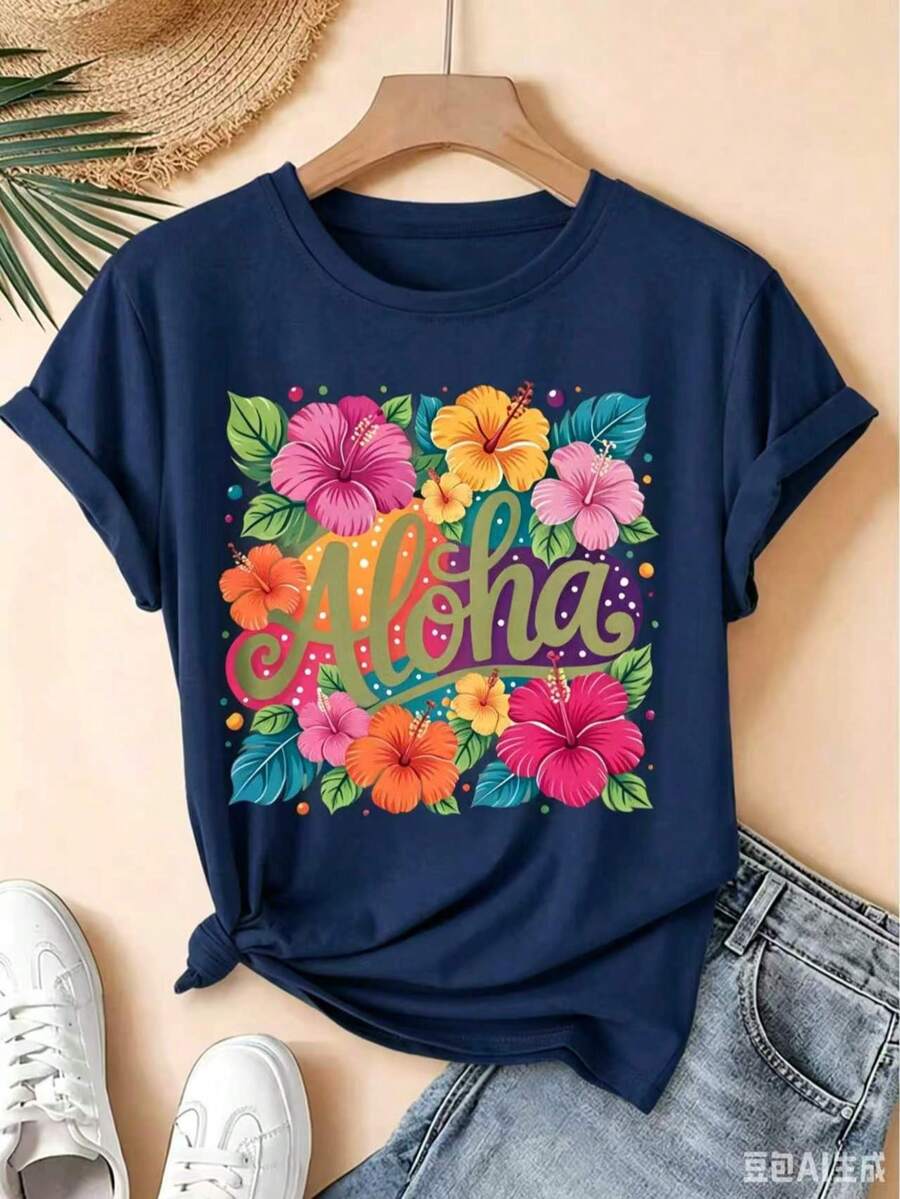 Aloha Tropical Hibiscus Flower Colorful Print Short-Sleeve Vintage Round-Neck T-Shirt, Fresh Forest Style Loose Top, 2026summer Party Commuter Women's - 藏蓝色 - 查看 1