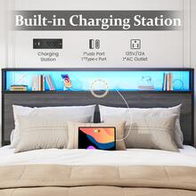 Queen & Full Bed Frame With Storage, 2-Tier Storage Headboard & Built-In Drawers, Metal Platform Bed With USB Charging Station & LED Lights, Noise Free, No Box Spring Needed, Easy Assembly,Rustic Grey - Grey - View 5