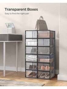 Shoe Storage, 12 Pack Shoe Organizer For Closet, Shoe Boxes Clear Plastic Stackable Shoe Containers With Lids For Size 12-13 - Black - View 4