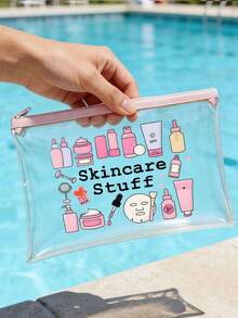 "Skincare Stuff" 字母印花 PVC 化妝包，PVC 旅行收納包附拉鍊，輕量耐褪色女款女孩化妝盥洗包，TSA 認證便攜式化妝盒，易清潔設計化妝包，適合送給母親、老師、朋友、護士、女性朋友的禮物，旅行必備，學校假期，返校用品，盥洗包，防水化妝包 - 彩色 - 查看 4