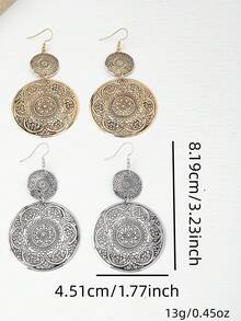 2 Peças Brincos Redondos Entalhados Vintage Boêmios, Design Bicolor Único, Adequado para Uso Diário e Festas - brincos redondos esculpidos - Visão 2
