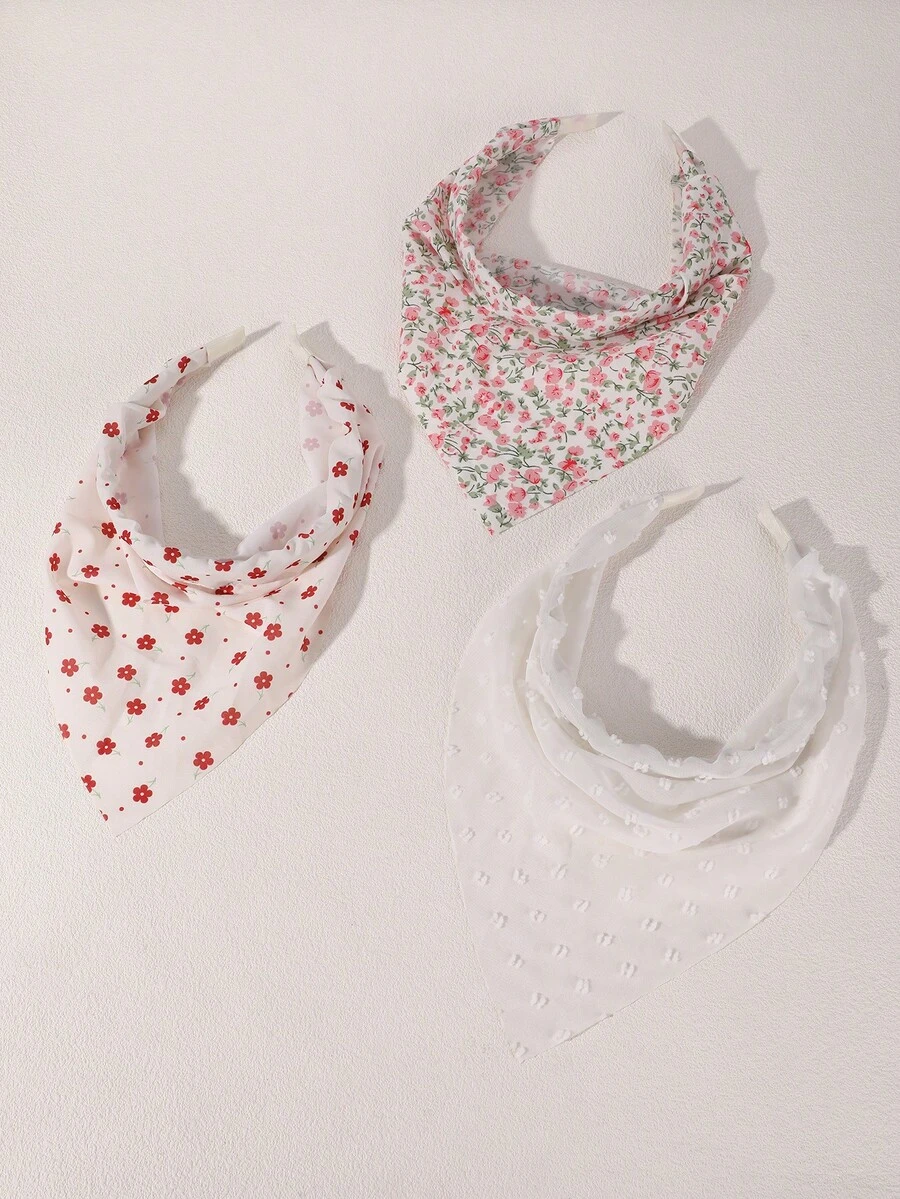 Set 3pcs/Set Bandana dan Ikat Kepala Kain Motif Bunga untuk Anak Perempuan, Cocok untuk Dekorasi Sehari-hari - MultiWarna - View 1