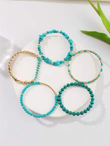 BOCAR 5 chiếc/Bộ Vòng tay phong cách Bohemian dây xích đồng & hạt gỗ, dài 18cm, số lượng hạt ngọc lam ngẫu nhiên, phù hợp cho phụ nữ đi nghỉ & đeo hàng ngày - bộ đồ - Xem 3