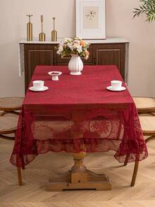 1pc French Elegant Floral Lace Trim Tablecloth, Countryside Fresh Decor - Burgundy - View 7