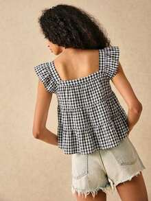Blusa de mujer con cuello cuadrado, volantes en el bajo y mangas cortas - Multicolor 4 - Ver 5