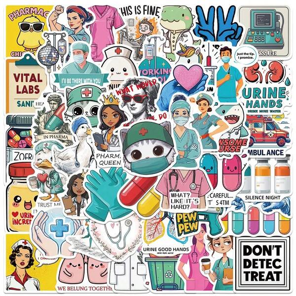 50 piezas Pegatinas divertidas de atención médica, pegatinas estéticas de scrapbook, pegatinas de enfermera de dibujos animados, regalos de la semana de la enfermera, pegatinas a granel para cascos, pegatinas para motos de cross, pegatinas de vinilo resistentes al agua para botellas de agua, computadoras, portátiles, teléfonos, equipaje, cuadernos, refrigeradores