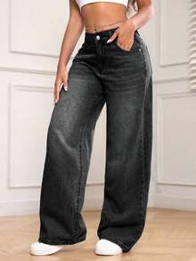 PETITE Jeans de mezclilla holgados de pierna ancha y bolsillos versátiles para mujer - Negro - Ver 4