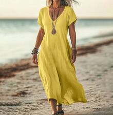 Loose-Fitting Solid Color V-Neck Cotton-Linen Women's Dress - White - View 8
