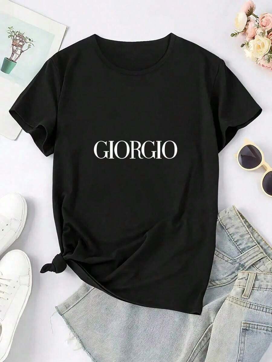 2026 Summer New Pure Cotton Women's T-Shirt, Casual Short Sleeve T-Shirt With Eye-Catching Letter Print - Soft And Breathable Polyester Material, Quick-Drying And Relaxed Fit, Suitable For Outdoor And Everyday Wear, Machine Washable For Year-Round Comfort, Women's T-Shirt, Versatile And Fashionable Clothing, Medium Elasticity. This T-Shirt Is A Casual, Versatile, And Comfortable Printed Top. - 黑色 - 查看 1