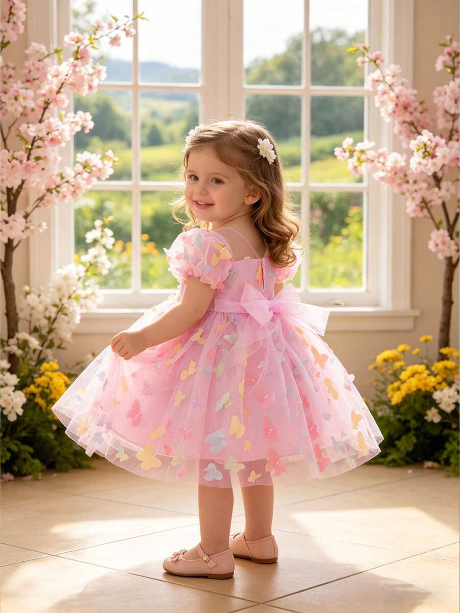 Baby Girls Colorful 3D Butterfly Tutu Dress, Cute Flower Girl Party Dress, Fabric Pattern Randomly Cut, Headband Not Included - Pink - View 1