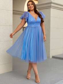 Women Plus Size Elegant Sequin Floral Print Mesh Applique V-Neck Cocktail Party Bridesmaid Dress For Wedding Guest, Homecoming, Spring/Summer/Autumn - Dusty Blue - View 3