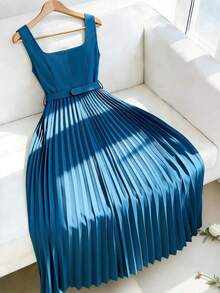 Vestido largo de línea A con cuello cuadrado, sin mangas, con cinturón y decoración de botones, con estampado floral índigo, versátil para ir al trabajo, primavera/verano - Azul - Ver 2