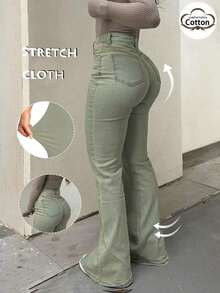 GILIPUR Pantalones vaqueros acampanados de talle alto con estilo Y2K, pantalones casuales elegantes de unicolor y elásticos para mujeres, moda callejera de mezclilla marrón para primavera - Verde - Ver 7