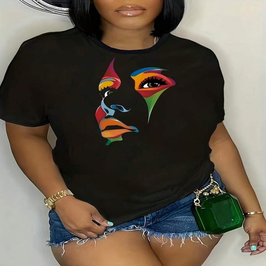 Talla Plus - Talla Plus - Camiseta Oversized Impresa de Estilo Abstracto - Negro - Ver 1