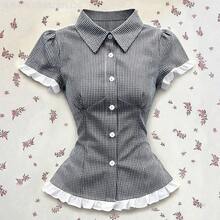 Yunuo Menswear  Blusa de manga corta con cuello de encaje a contraste, de estilo casual/laboral/fiesta/vacaciones, en cuadros azules, para mujer. Camisa a cuadros con volantes, ropa retro para mujer, camisa casual de negocios. Camisa de botones a rayas blanca y negra, camisa de trabajo para mujer. Blusas y tops para mujer, ropa de trabajo. Camisa de manga abullonada, blusa de trabajo. Blusa de vestir formal, camisas de verano elegantes y clásicas con rayas para mujer. - Rosa - Ver 2