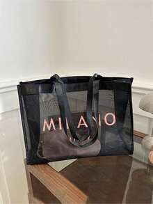 大容量網格肩背包附化妝包功能，飾有玫瑰金「Milano」標誌。這是一款便攜式海灘度假大容量托特包、網格海灘包、便攜式透明網格化妝包和收納包。它是適合男士、女士、情侶日常使用、約會、生日和其他場合的理想購物袋。 - 彩色 - 查看 3