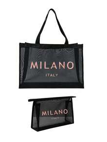 大容量網格肩背包附化妝包功能，飾有玫瑰金「Milano」標誌。這是一款便攜式海灘度假大容量托特包、網格海灘包、便攜式透明網格化妝包和收納包。它是適合男士、女士、情侶日常使用、約會、生日和其他場合的理想購物袋。 - 彩色 - 查看 16