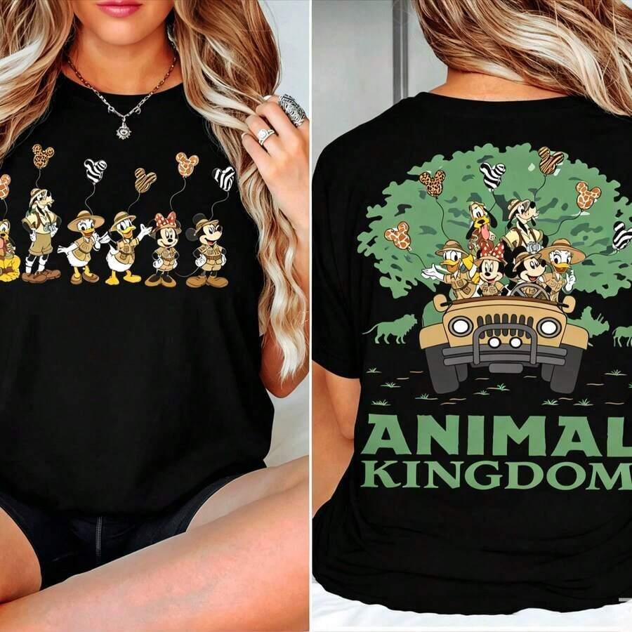 Disney Women's T-Shirt 1PC Licensed "Animal Kingdom Mickey & Friends Safari Balloons Double‑Sided" Cartoon Printed Oversized T‑Shirt, Short Sleeve Tee For Disney Travel, Vacations & Theme Parks. 2026 New Style, Ideal For Family Outings & Matching Outfits, Unisex For All Ages. High‑Quality Cotton Fabric, Soft & Breathable. Front Side‑By‑Side Safari Characters & Back Jungle Scene Print Design, The Best Gift For Disney Fans & Animal Kingdom Vacation Lovers. - màu đen - Xem 1