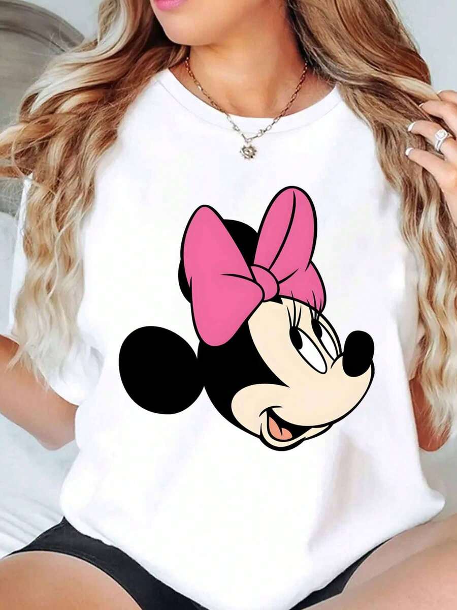 Minnie Mouse Pink Bow Print Disney Women T Shirt Round Neck Short Sleeve Casual Daily Wear Summer Outfit Soft Comfortable 220g - trắng - Xem 1