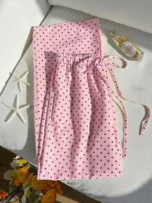Pantalones de pierna ancha con cintura anudada y estampado de lunares para mujer - Rosa Pálido - Ver 2