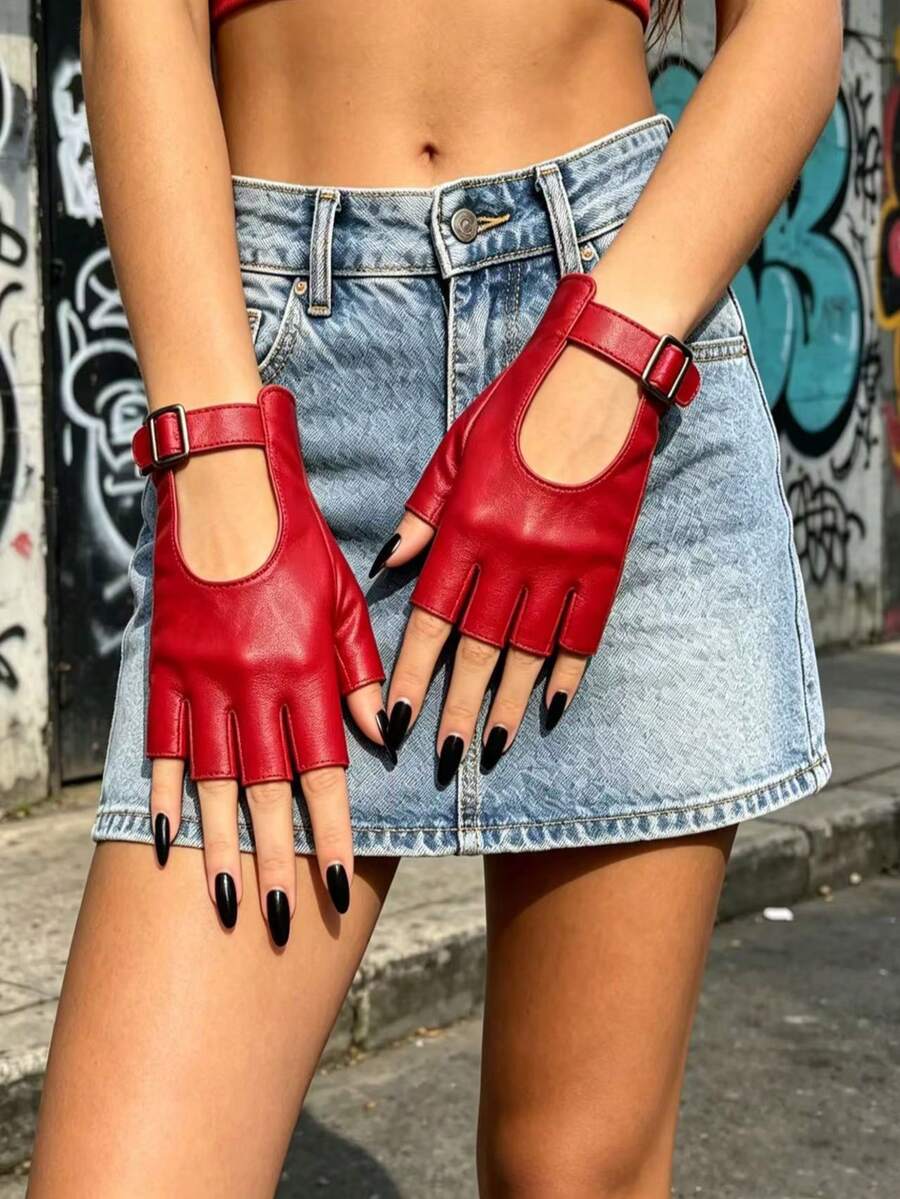 1 Pair Women's Red Metal Buckle Adjustable Width Half Finger Motorcycle Leather Gloves - Red - View 1