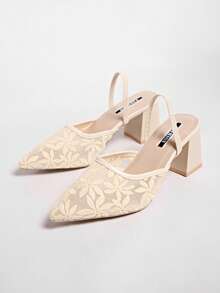 Nuevos zuecos de tacón alto estilo chino en color blanco, sandalias convertibles con punta puntiaguda y bordado de encaje para mujeres - Beis - Ver 2