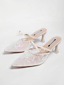 New Chinese Style White High Heel Mules, Pointed Toe Lace Embroidery Convertible Sandals For Women - White - View 2