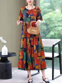 Nuevo vestido de verano casual y elegante de estampado de moda, de largo medio para mujeres de vacaciones - Multicolor - Ver 5