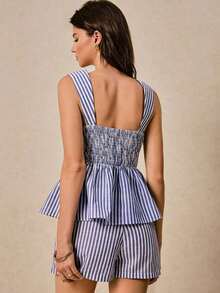 Conjunto de 2 piezas de mujer con camiseta de tirantes ajustada a rayas y shorts, vestimenta de verano para mujer.Conjunto de verano cómodo y transpirable, apropiado para usar a diario, en la calle, al ir y venir, en casa, de vacaciones y otras ocasiones. - Azul y blanco - Ver 3