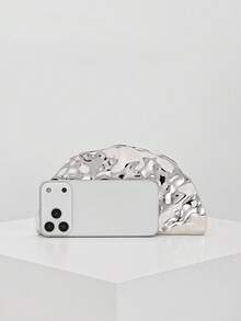 復古金屬扇形設計晚宴手拿包，金色正式禮服手提包，派對舞會用，不對稱造型女款單肩斜跨包 - 銀色 - 查看 3