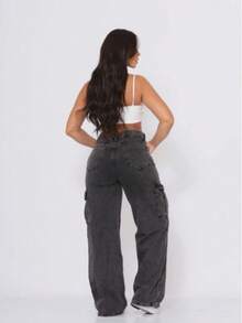 Graphite Cargo Jeans For Women, Wide Leg, 100% Cotton, 2 Pockets, Simple, Casual, Elegant, Sensual, Cargo Pockets, Zipper - 深灰色 - 查看 4