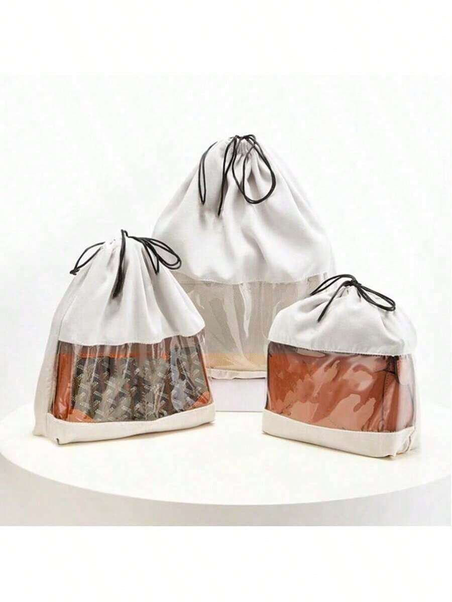 Suede Fabric Drawstring Dust Bags, Transparent Window Storage Bags For Shoes, Wallets, Travel, Packing, Luggage Organization, Home Storage - White - View 1