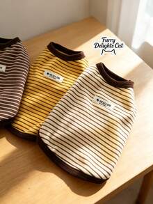 Striped Puppy Sleeveless Shirt - Soft Elastic Pet Vest With Contrasting Brown Trim, Multi-Color (Yellow/Brown/Beige) Small Breed Pet Clothing, Suitable For Indoor Leisure, Outdoor Walks And Fashionable Pet Photography Comfortable Daily Wear - Multicolor - View 9