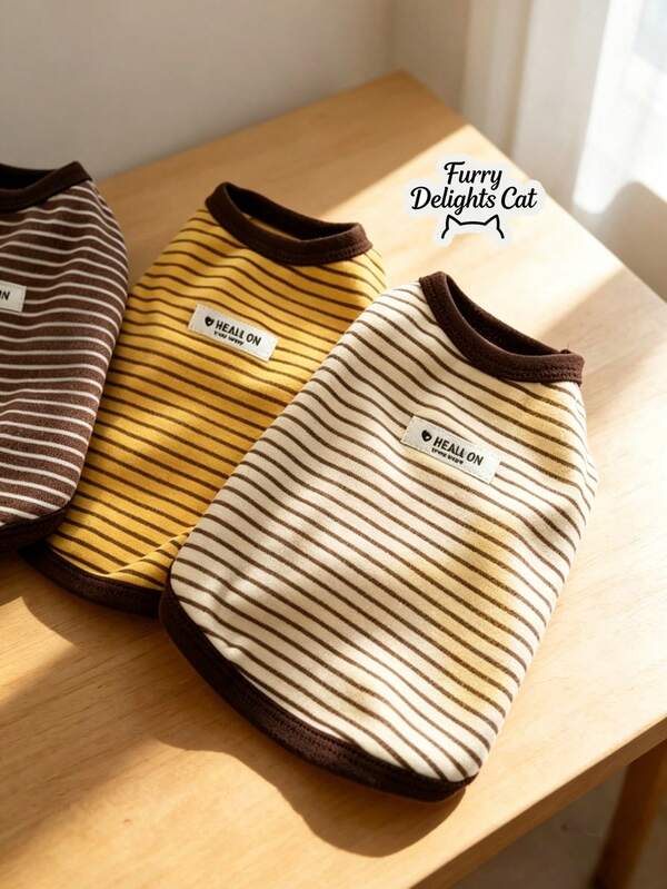 Striped Sleeveless Shirt For Small Dogs - Soft, Comfortable Stretchy Pet Vest, Contrast Brown Trim And Brand Label, Multi-Color (Yellow/Brown/Beige) Suitable For Small Dog Breeds (Poodle/Bichon/Maltese), Comfortable For Daily Wear, Indoor Rest, Outdoor Walking, Fashionable Pet Photography