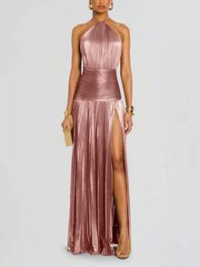 Metallic Color Pleated Split Tie Halter Dress Sleeveless Backless Glittery Women Dress For Wedding Party Graduation Shiny Streamer Metal Tone Ruched Dress Open Back Lace-Up Split Hem Halter Gown For Ceremony Banquet - 粉紅色 - 查看 1