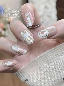 30pcs Almond Shaped/Cute Sweet Korean/Japanese Style False Nail Stickers For Women, Suitable For Parties, Festivals And Daily Use. Includes 1pc Glue And 1pc Nail File - Multicolor - View 1